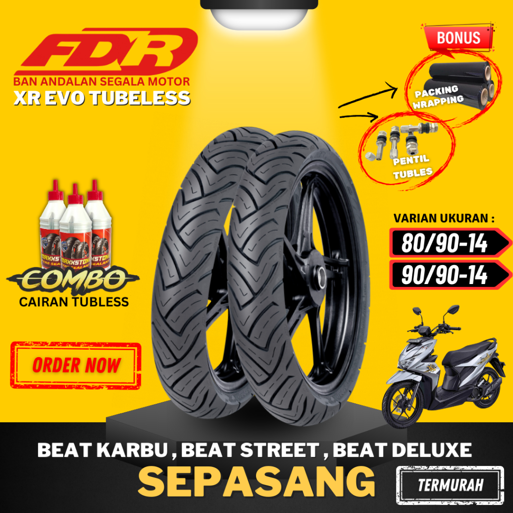 [SEPASANG MURAH] BAN FDR SPORT XR EVO RING 14 / ( 80/90-14 & 90/90-14 ) BAN FDR TUBELESS TUBLES RING