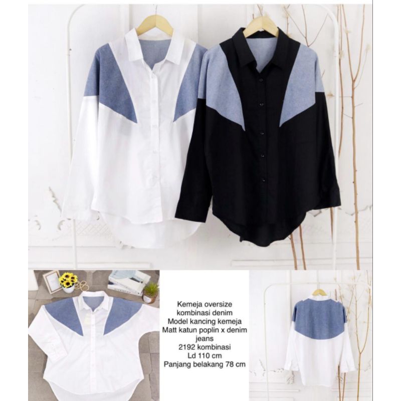 Kemeja Kombinasi Denim Model Kancing Kemeja Oversize 2192 - Casual, Panjang, Linen, Shakila, Baju, A