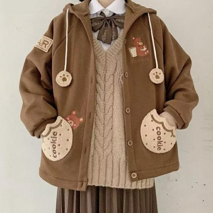 KF7 JAKET LUCU WANITA KOREA  COOKIE BEAR BUTTON  JACKET HOODIE TEBAL