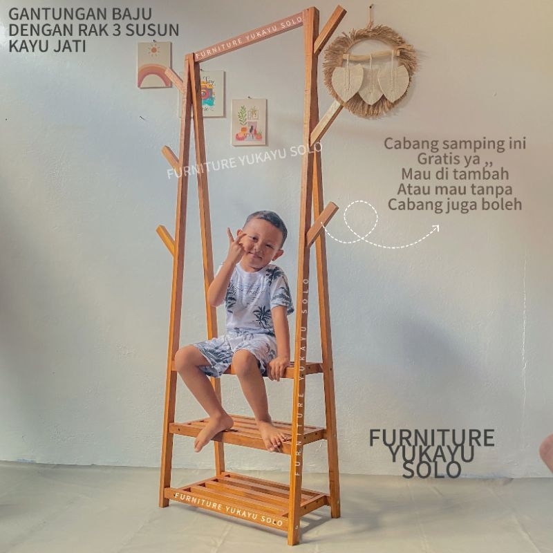 GANTUNGAN BAJU 3 RAK SUSUN JATI / STAND HANGER RAK SUSUN / rak display / stand display / rak toko ka