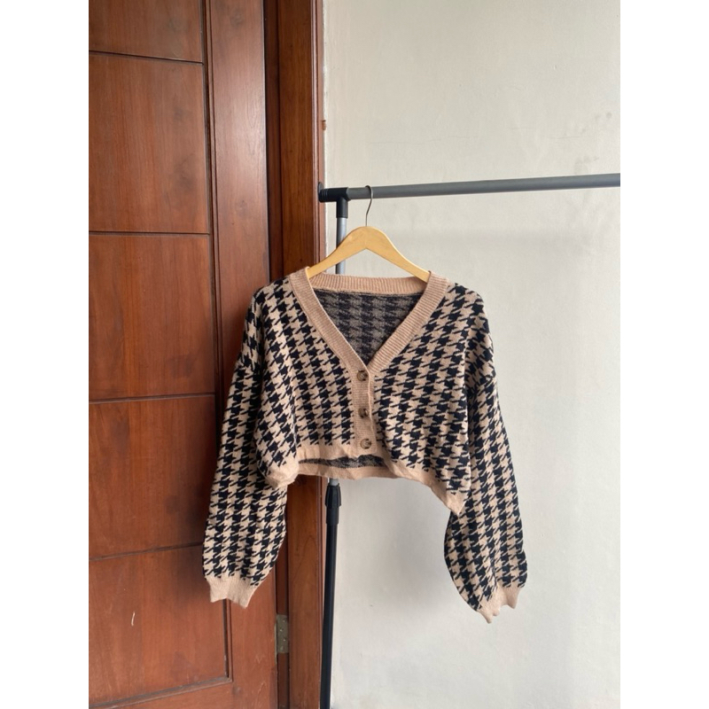 ✨RARE ITEM✨SHEIN houndstooth cardigan - cardigan rajut motif houndstooth - cardigan rajut crop lenga