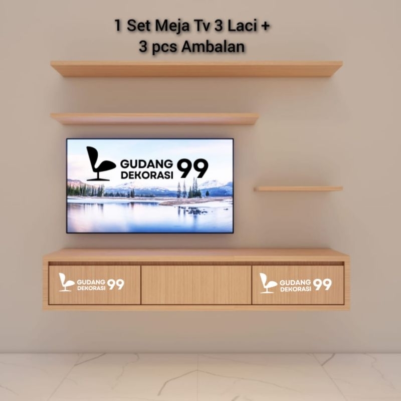 Meja Tv Minimalis Gantung  3 Laci + 3 pcs Ambalan / Meja Tv minimalis / Meja Tv Gantung / Cradensa T