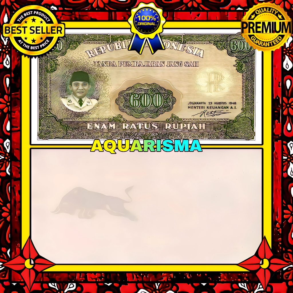 KOLEKSI NUMISMATIK - SOUVENIR UANG KUNO 600 RUPIAH INDONESIA SOEKARNO ORI IV 1948
