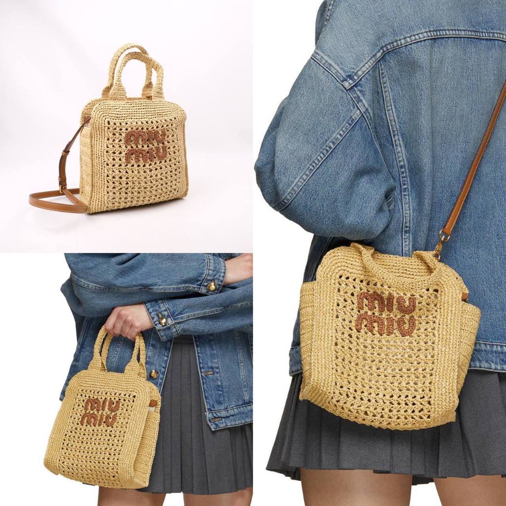 [READY STOCK] MIU MIU RAFFIA EFFECT CROCHET FABRIC TOTE BAG