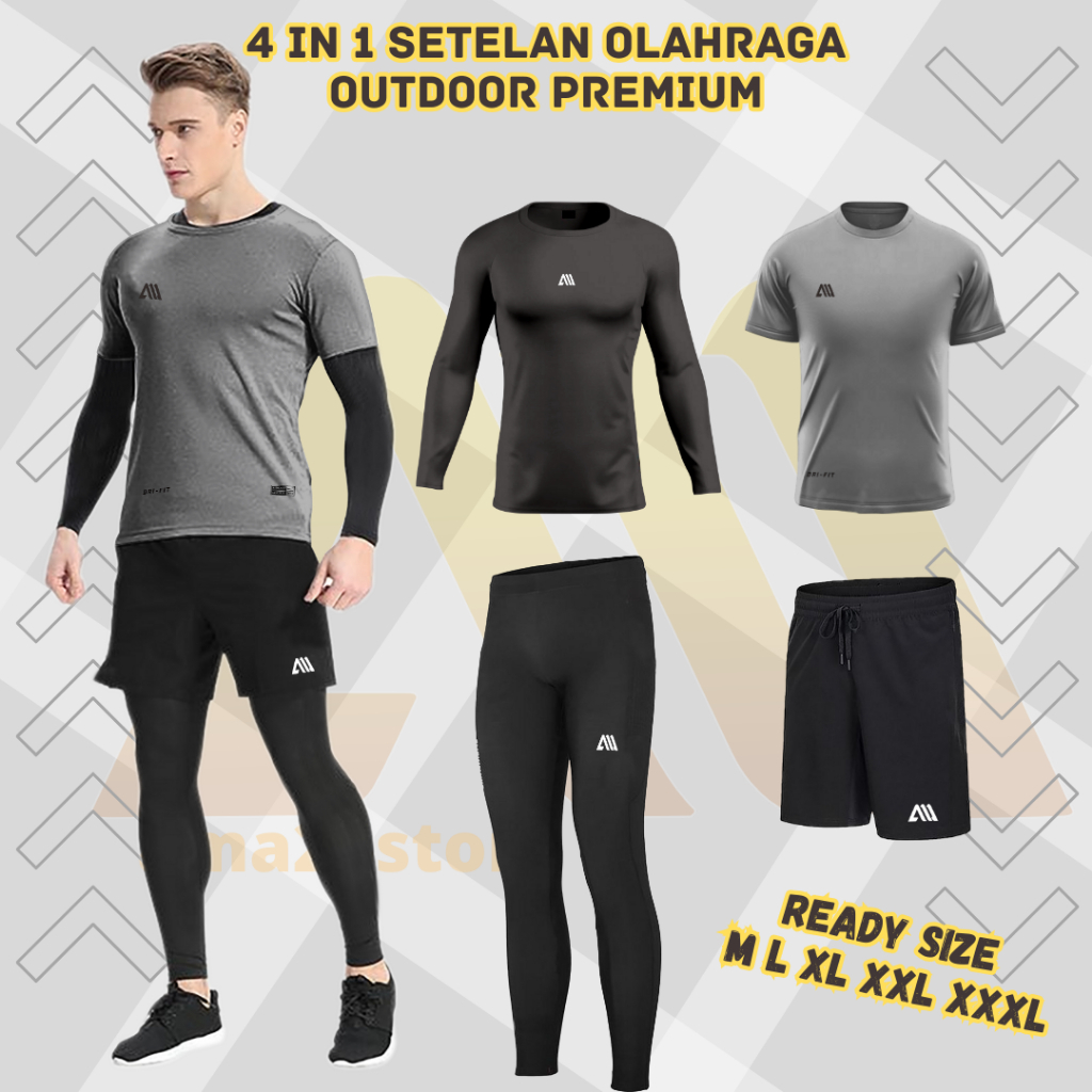 Full Set  4 in 1 Stelan Olahraga Pria Premium Manset Baju Futsal Running {ABU}