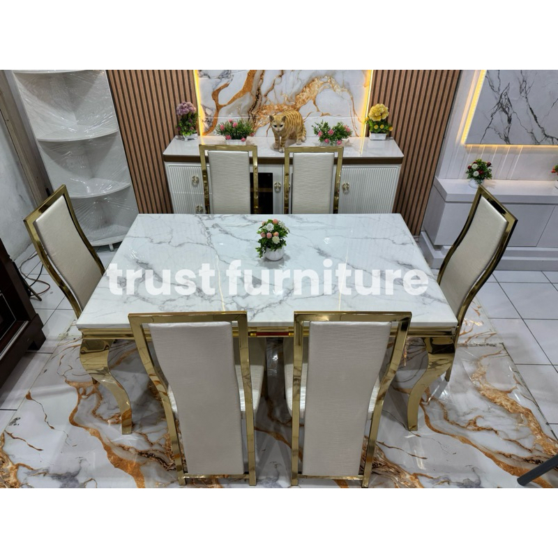 Meja makan top marmer granit/Meja makan 6 kursi/Meja makan italy kaki Import/Best seller meja makan 