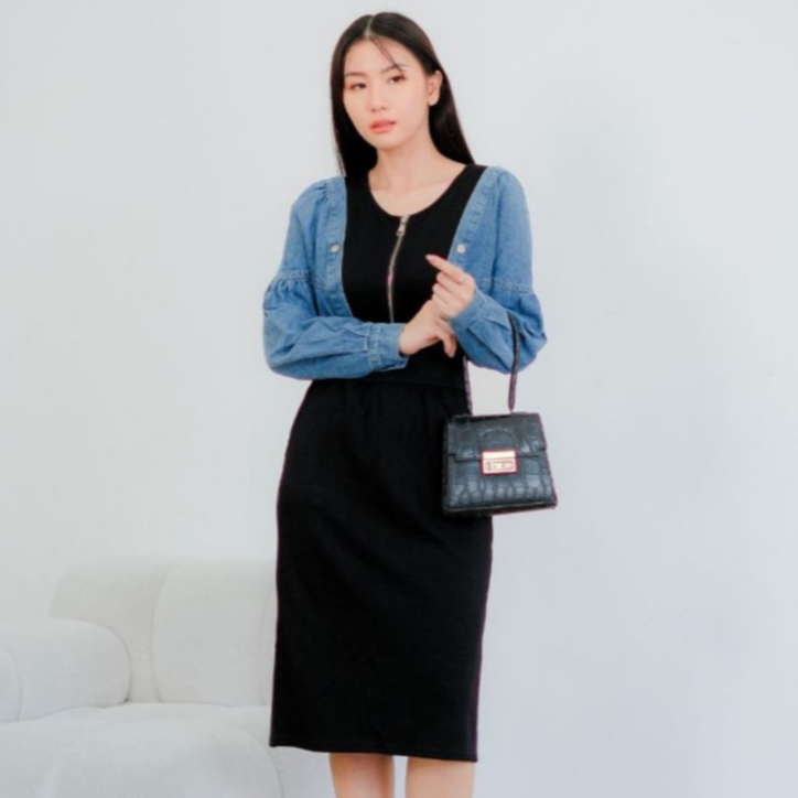 AMIRA | Dress Kombinasi Jeans / Midi Dress / Dress Denim