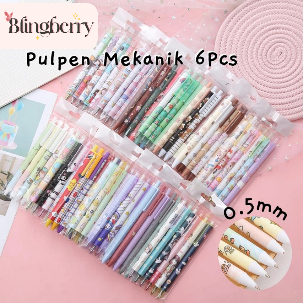 

Blingberry - Pulpen Gel Mekanik 6 Pcs 0.5mm / Ballpoint Mekanik 6 Pcs Tekan Gel Pena Pena Alat Tulis Kantor