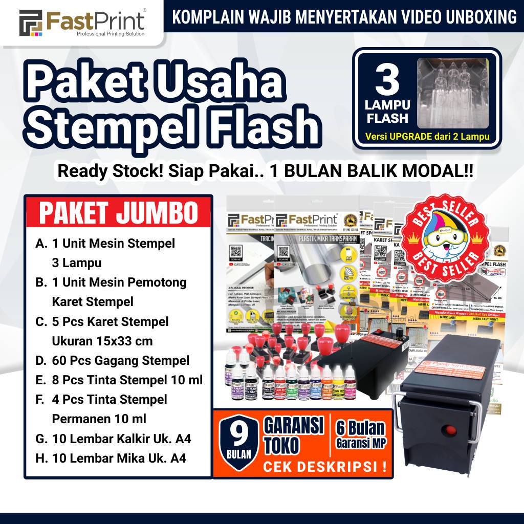 

Paket Jumbo Mesin Stempel Flash Premium 3 Lampu Bahan Pembuat Stempel