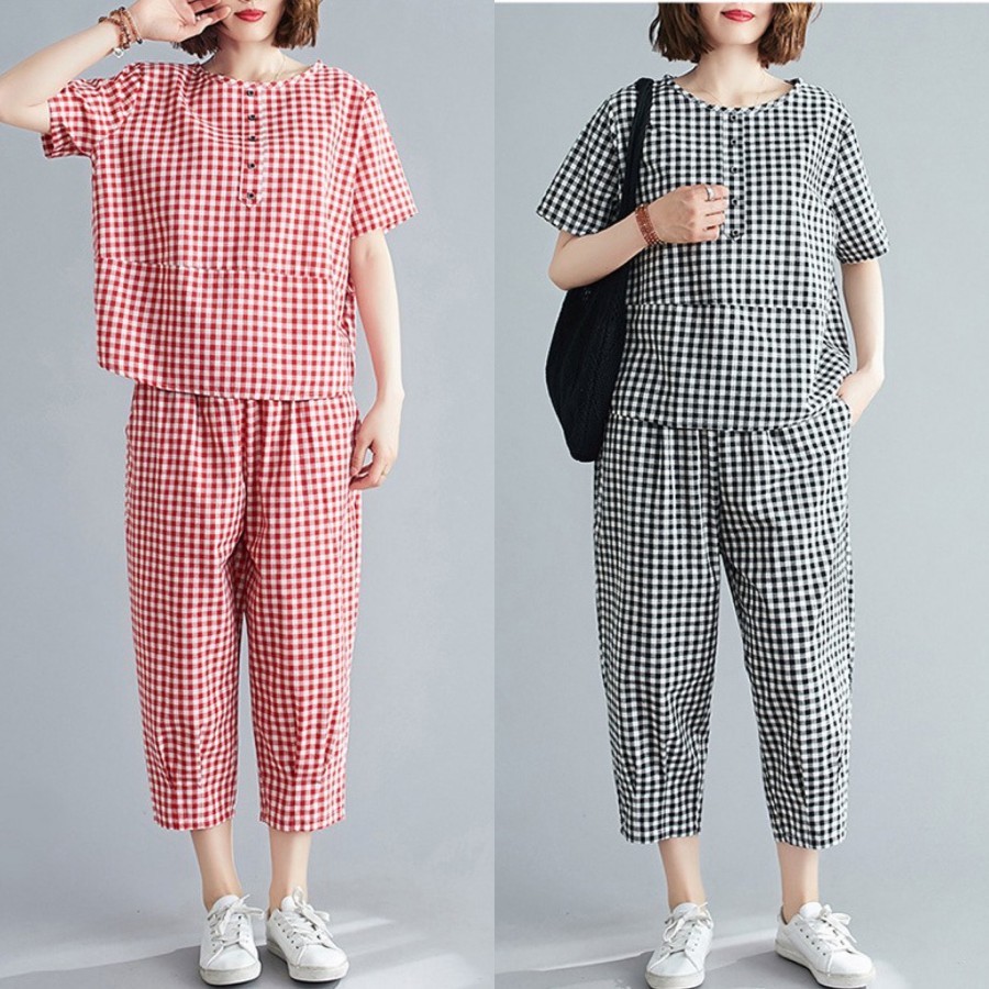Setelan Baju Wanita Celana Panjang Motif Kotak Fashion Retro