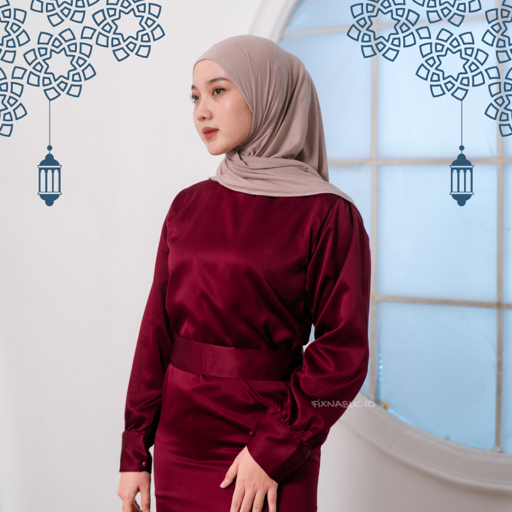 (DISKON) GAMIS LEBARAN DRESS SATIN PREMIUM MAROON