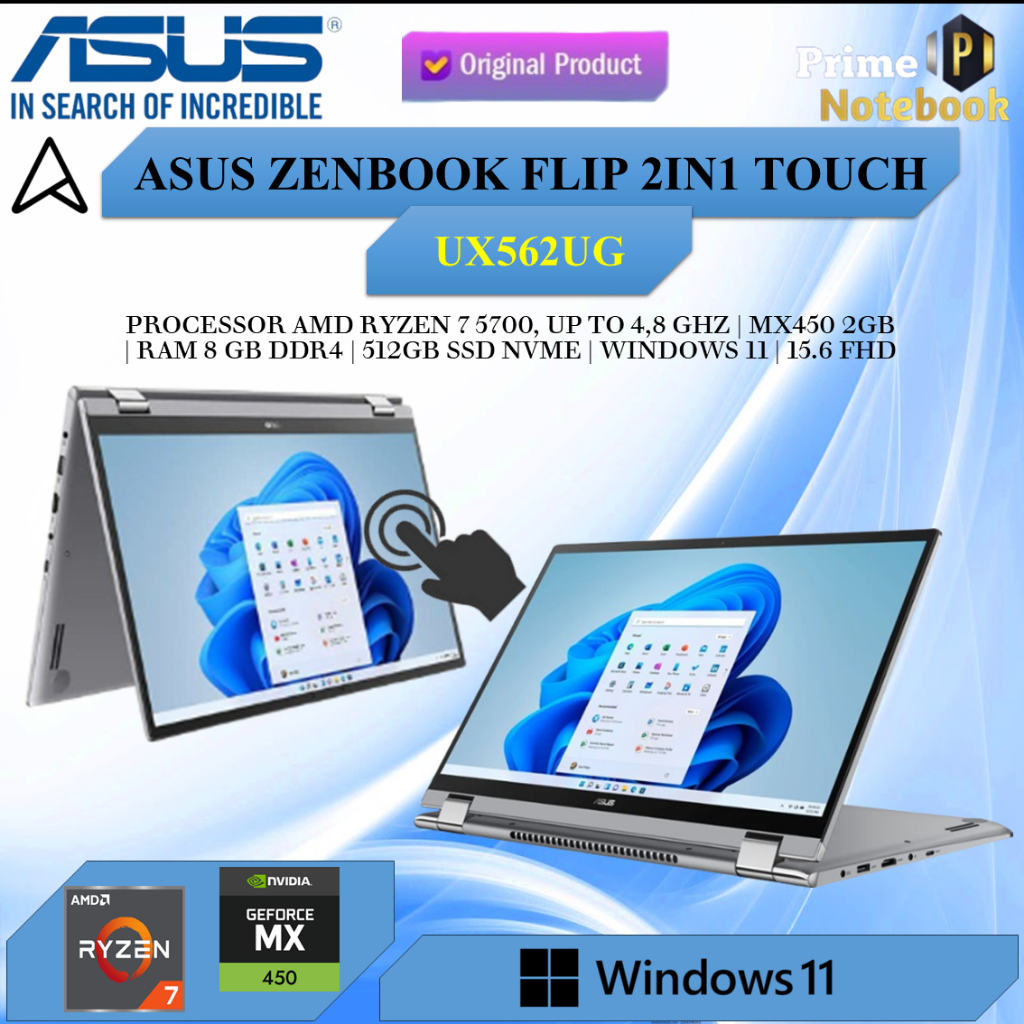 Laptop Asus Zenbook Flip UX562UG 2IN1 Touch Ryzen 7 5700 MX450 2GB/ 8GB 512GB W11 15.6Fhd