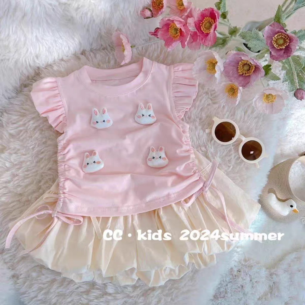 LaRubi - Setelan baju pink kelinci lengan pendekndan rok balon pita putih anak bayi perempuan 6 9 12