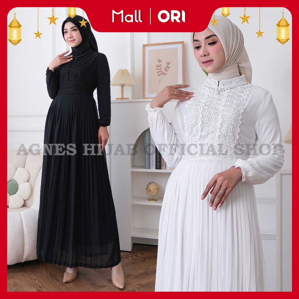 Agnes Hijab - Agacia Dress Gamis Putih Baju Muslim Wanita Dewasa Simple Elegan Abaya Hitam Gaun