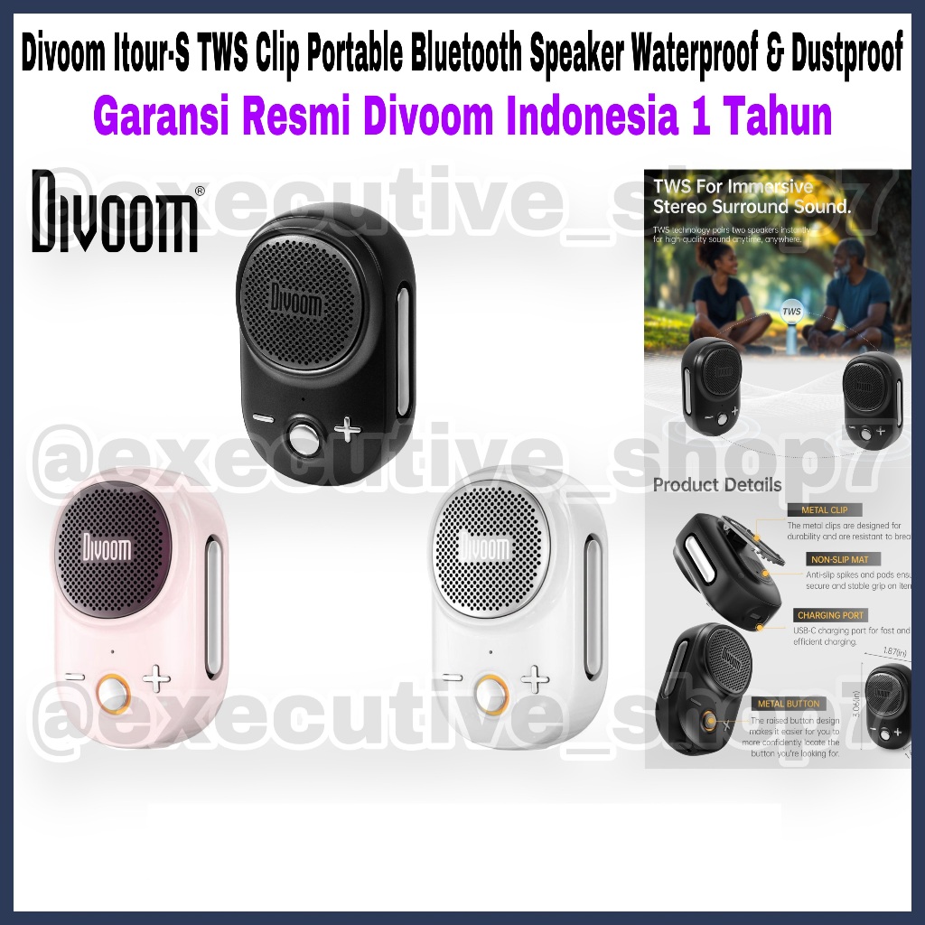 Divoom Itour-S TWS Clip Portable Bluetooth Speaker Waterproof & Dustproof - Garansi Resmi Divoom Ind