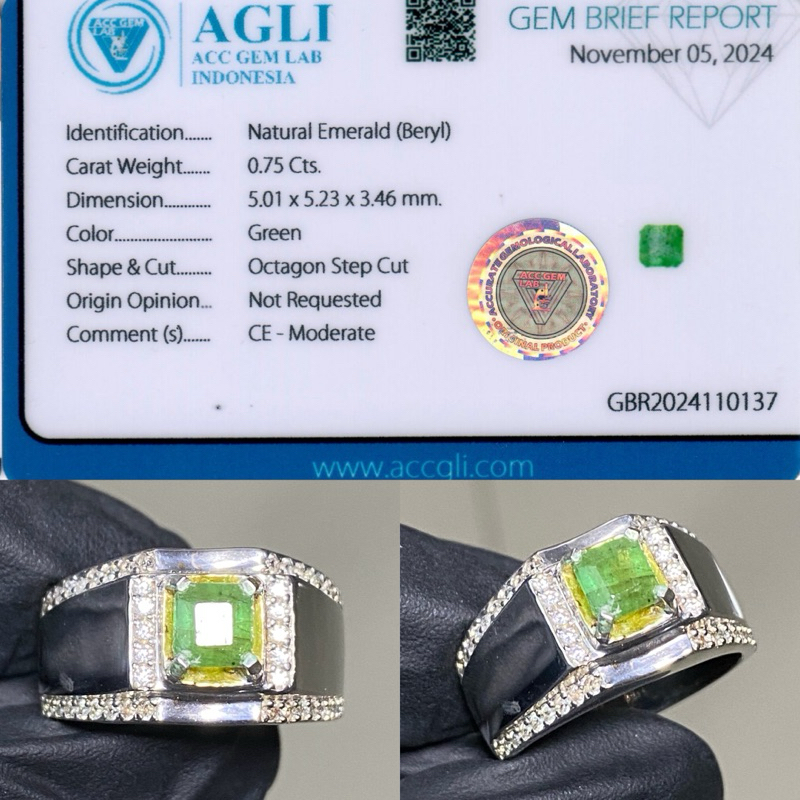 Size 9,5 / 21 - Natural Emerald Beryl Zamrud 0,75 cts Ring Perak Semi Microsetting Memo AGLI