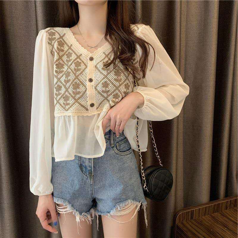 Big Size Blouse Rajut Lengan Sifon Atasan Wanita Motif Kotak Bunga Lucu Retro Korea