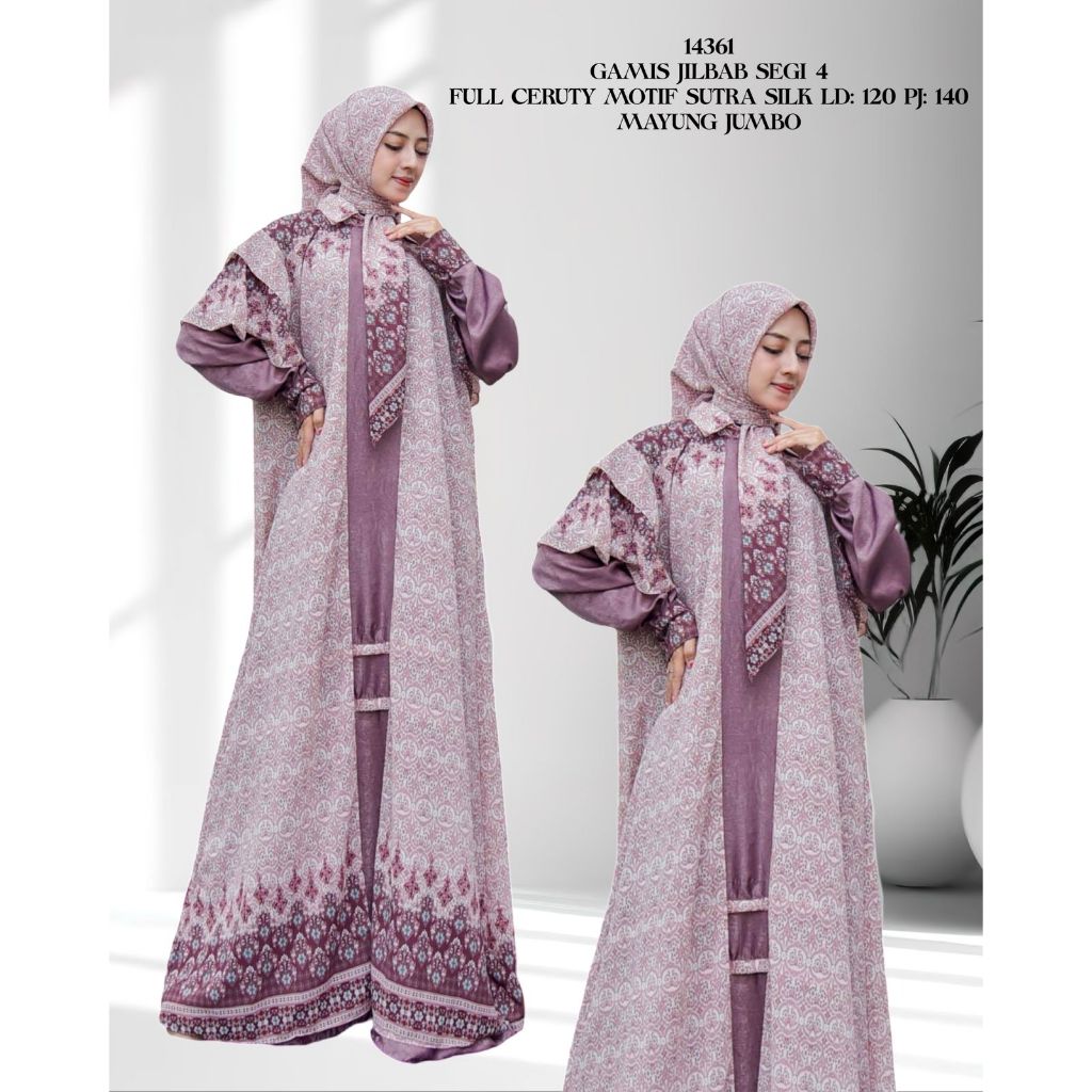 KD 14361 (isi 2) ASYA Jumbo Gamis Jilbab Segi Empat Full Ceruty Motif Sutra Silk Lebar Mayung Syari 