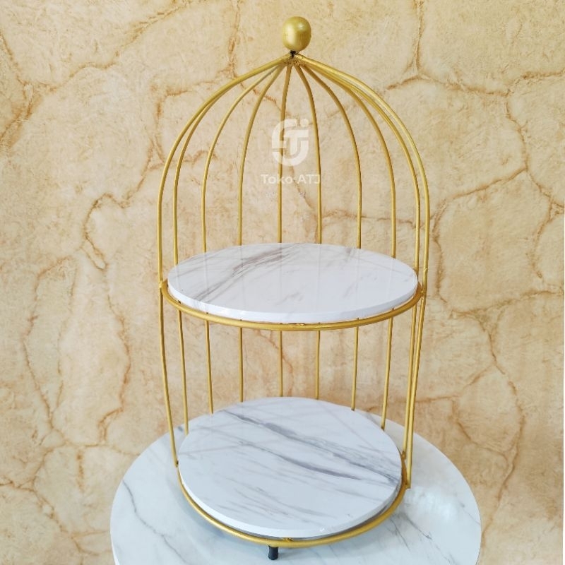 Rak Sangkar Bulat Susun Serbaguna Bahan Besi Warna Gold Motif Marble Aesthetic