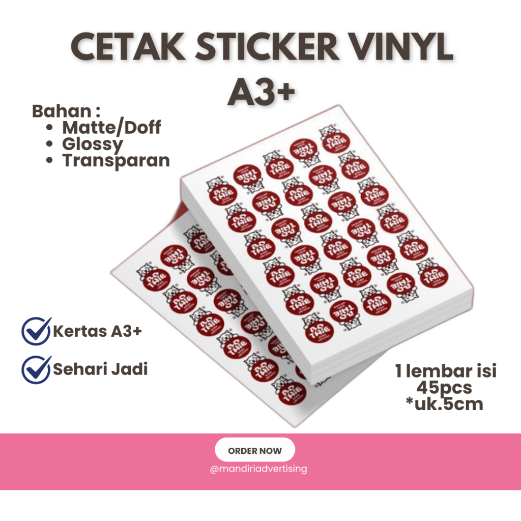 

Cetak dan Print Sticker Label Vinyl A3 Anti Air/ Glossy, Matte, Transparan/ Termurah dan Berkualitas