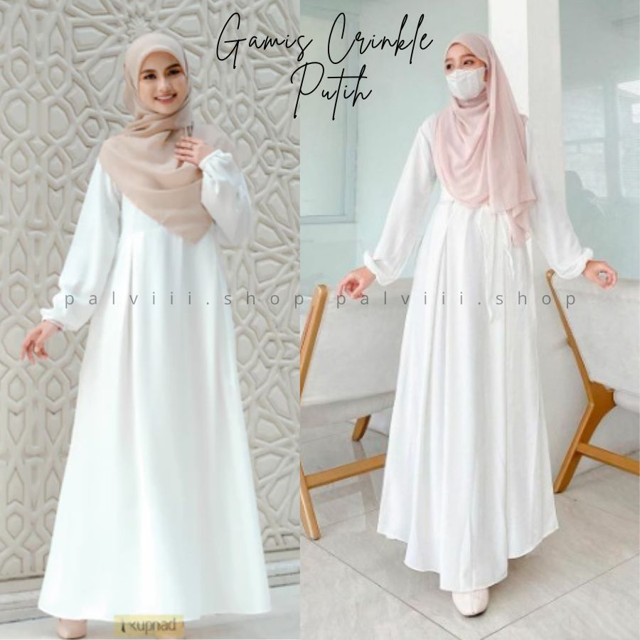 gamis crinkle puteh /Gamis Dewasa Crinkle Airflow Putih /Gamis Malay New Tren Raya Lebaran