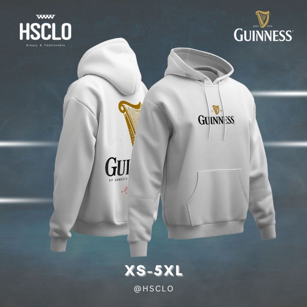 Hoodie Jumper HSCLO GUINNESS WHITE HOODIE  Big Size Bahan Katun Fleece Ukuran Jumbo XS - 5 XL