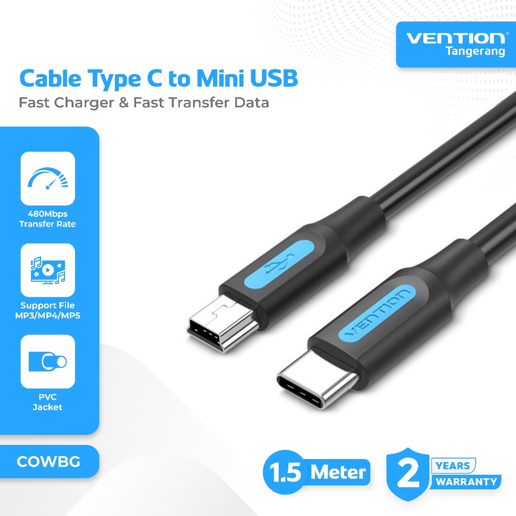 Vention Kabel Data Type C to Mini USB B 5 Pin Male Fast Charging 2A Kabel Camera 1.5 Meter - COWBG