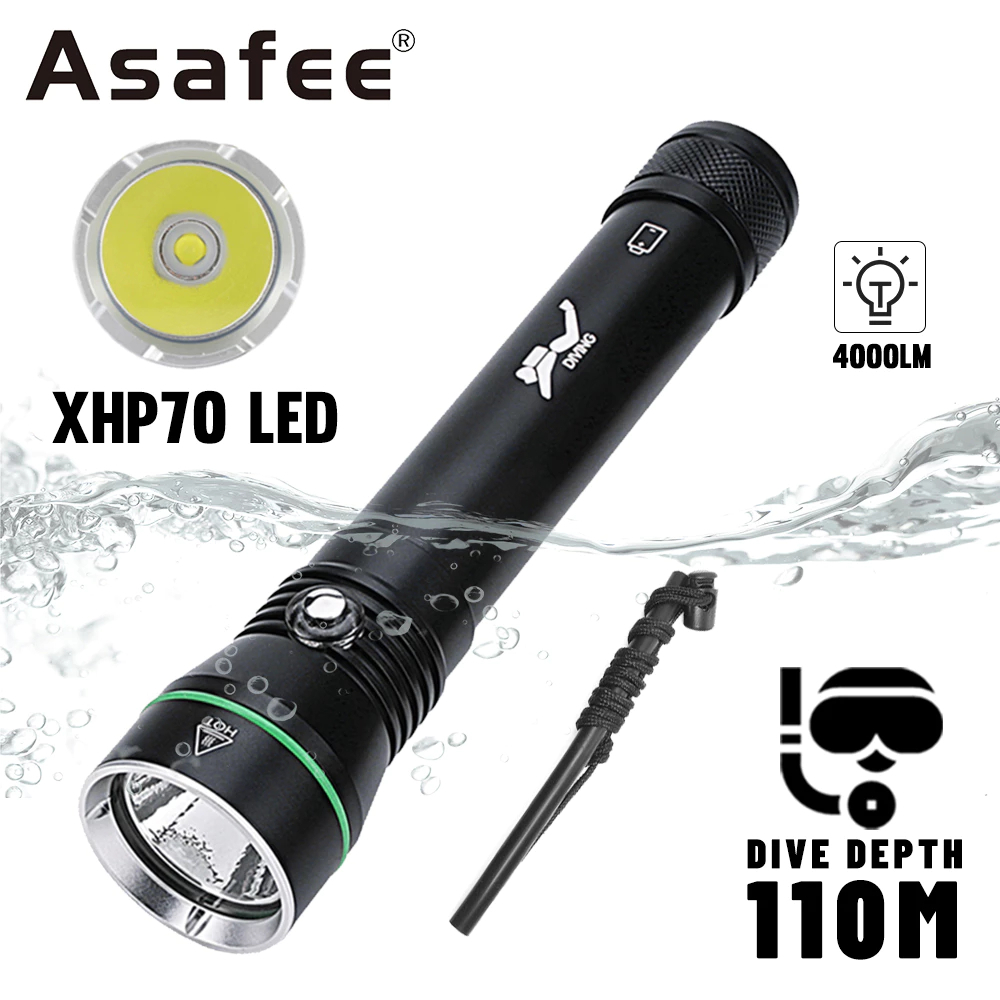 Senter selam Asafee S5 super terang, LED P50 4000LM, senter tahan air IPX8, 110M, lampu selam untuk 