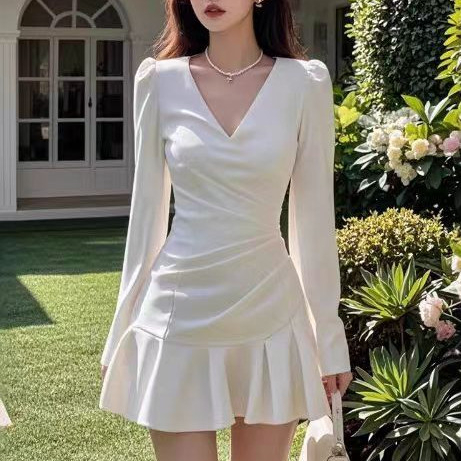 baju dress putih midi sexy dress press body lengan panjang dress wanita kekinian casual korean style