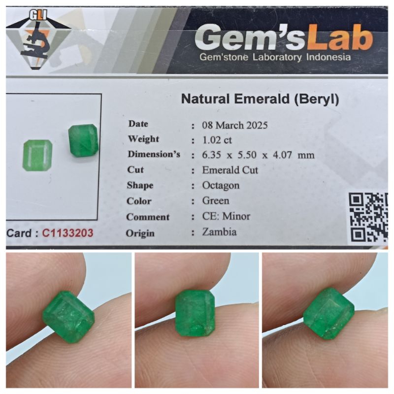 Natural Emerald Beryl Zambia 1 ct memo GLI Zamrud Afrika Bagus
