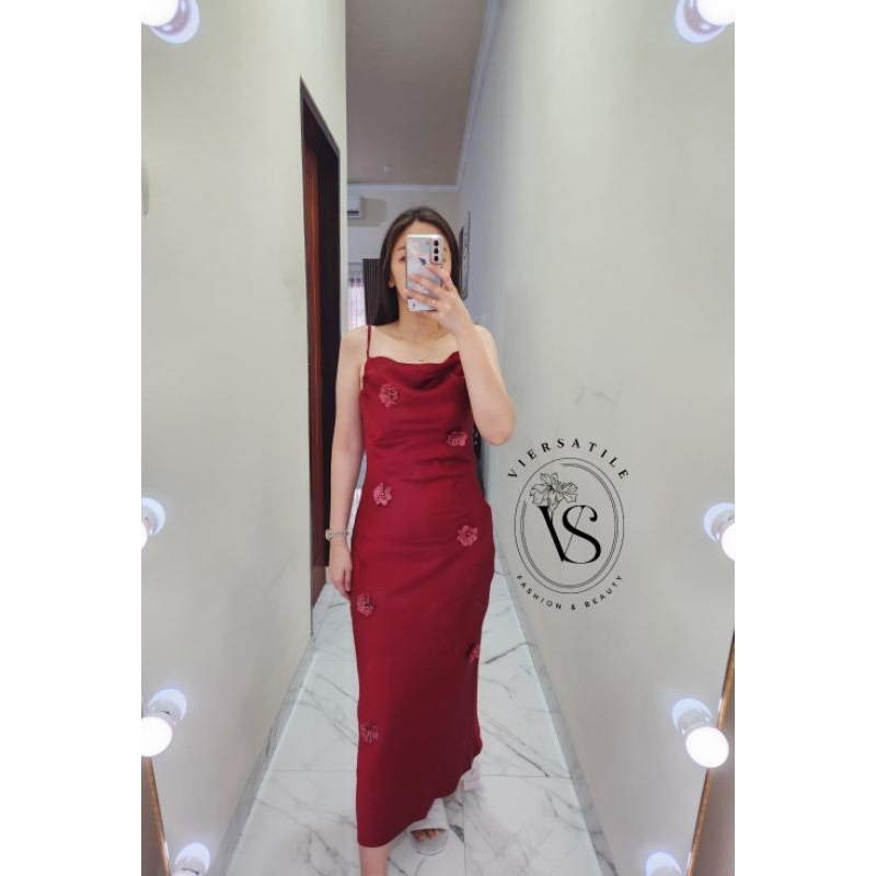 𝙉𝙚𝙬‼️Aliza red sateen dress floral 3d/dress maxi formal pesta bridesmaid merah satin bunga timbul