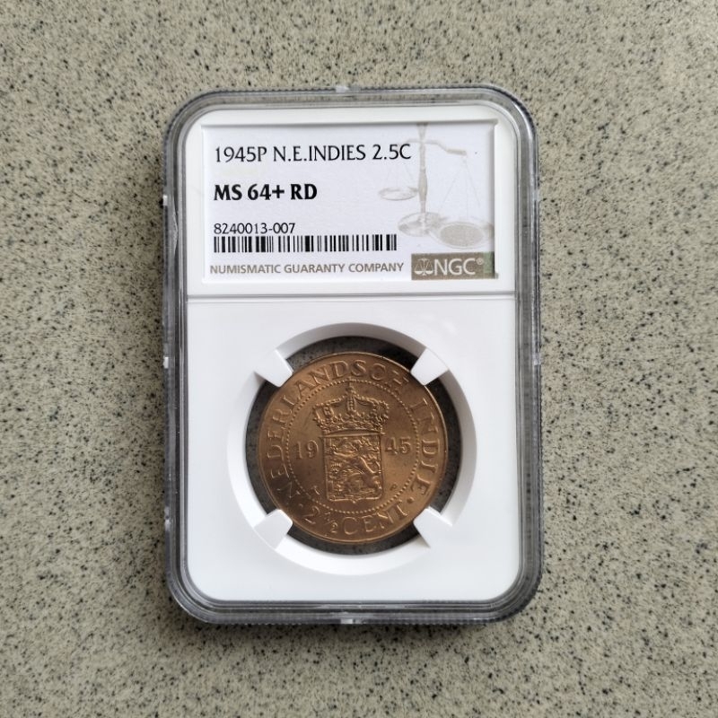 NGC MS 64+ RD Nederlandsch Indie 2,5 2½ Cent Sen Tahun 1945 Koin Kuno
