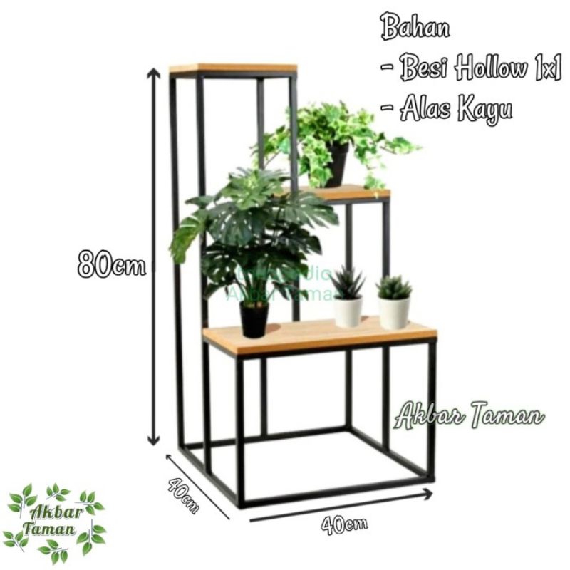 Rak Bunga Besi Alas Kayu / Rak Pot Besi 3 Susun Alas Kayu Besi Hollow - Kaki Rak Hitam