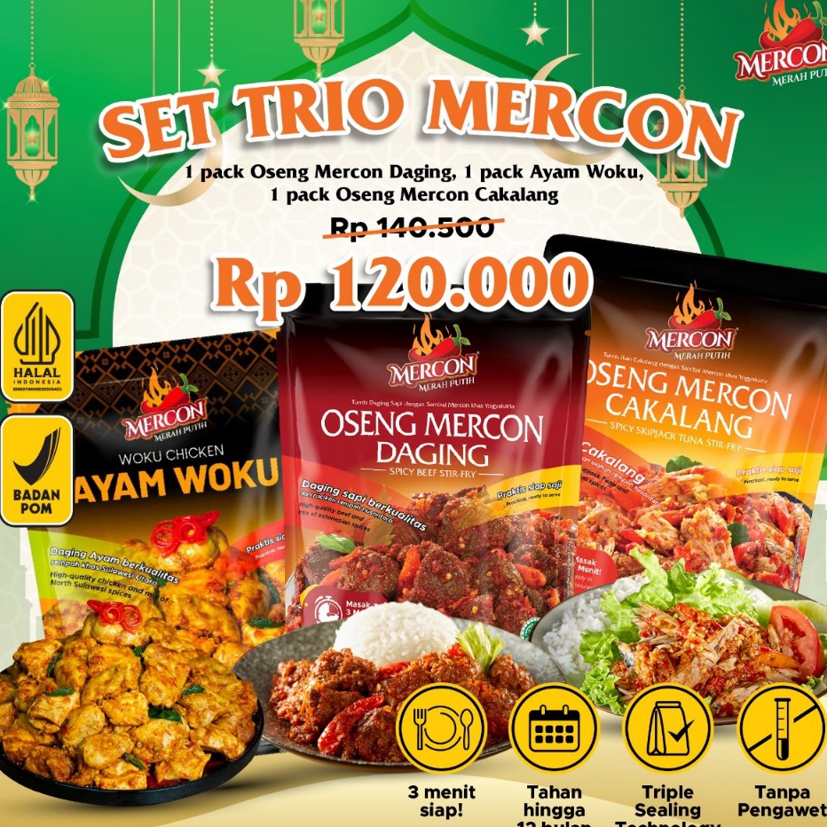 

COD Mercon Merah Putih Set Trio Mercon isi 3 Pack Lauk Pedas Siap Saji DAGING AYAM WOKU CAKALANG