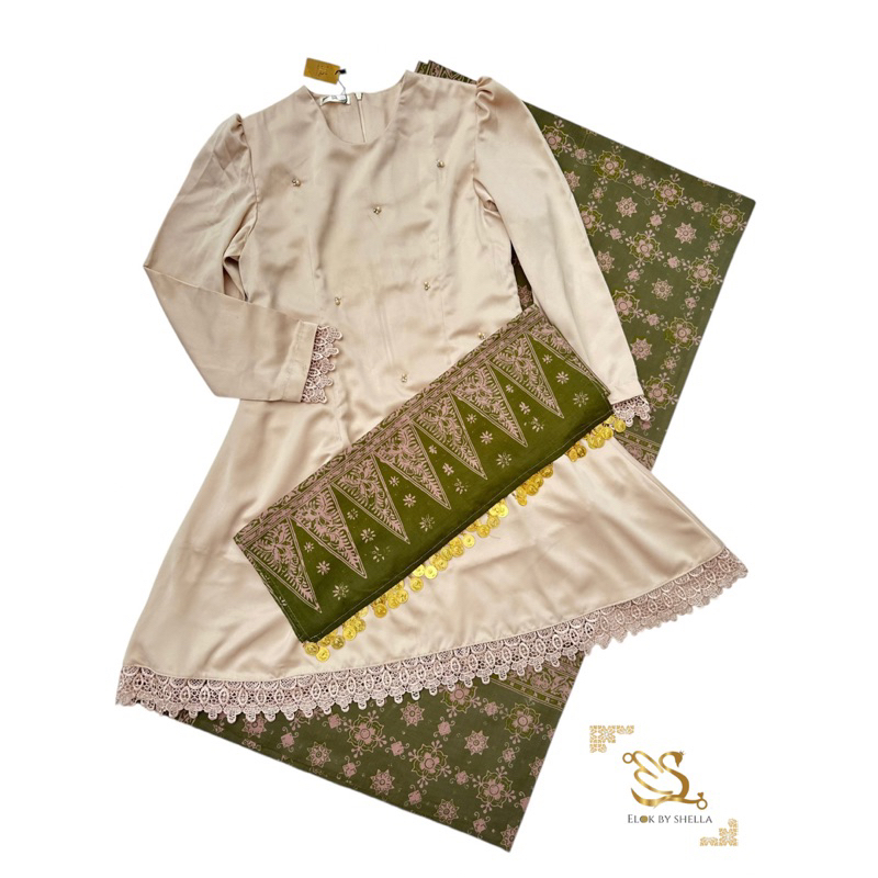 set kurung melayu dan kain tekuluk batik jambi asli dengan ronce