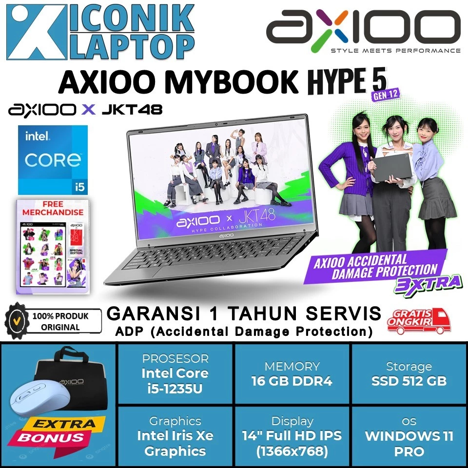 Axioo Hype 5 Intel Core i5 Gen 12 Ram 16 GB Ssd 512 GB Layar 14" Full HD IPS Garansi Resmi