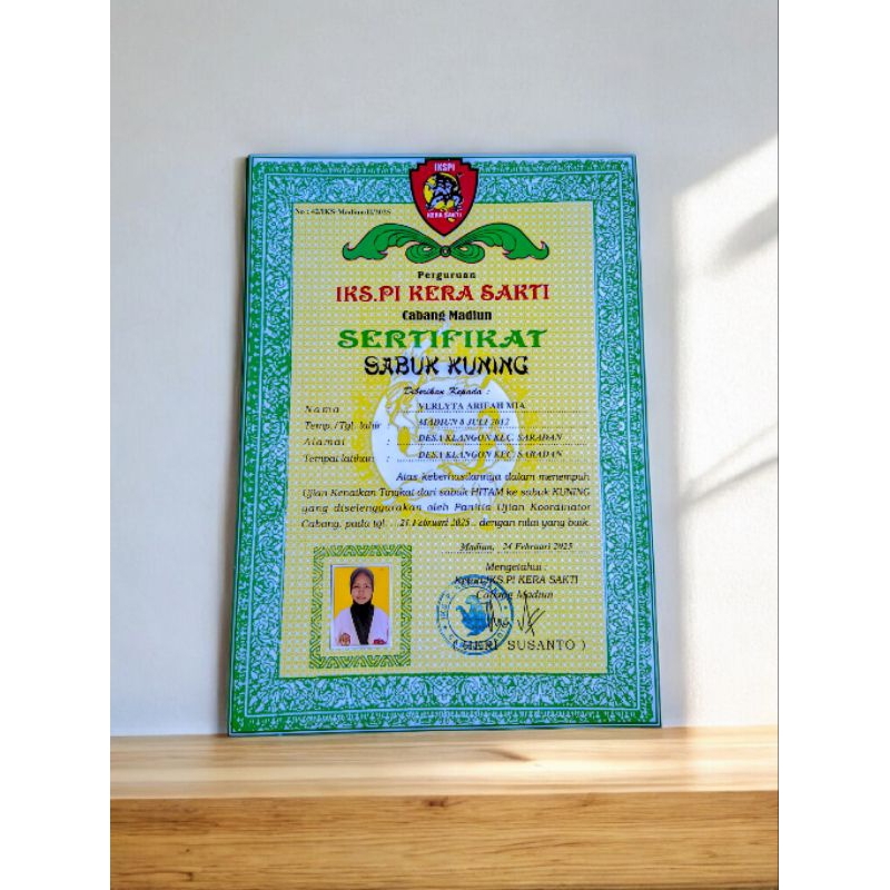 

SERTIFIKAT sabuk kuning(kosongan) IKSPI kera sakti