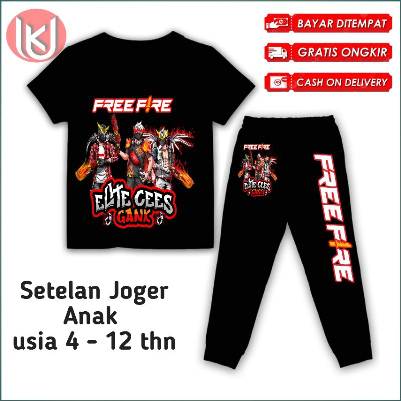 Bisa COD Kaos Anak setelan Joger Free Fire elite chees Gank baju anak celana joger FF gratis tambah 