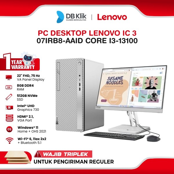PC Desktop Lenovo IC3 07IRB8-AAID Core i3-13100 8GB SSD 512GB No Dvd Windows 11 Home Office Home Stu