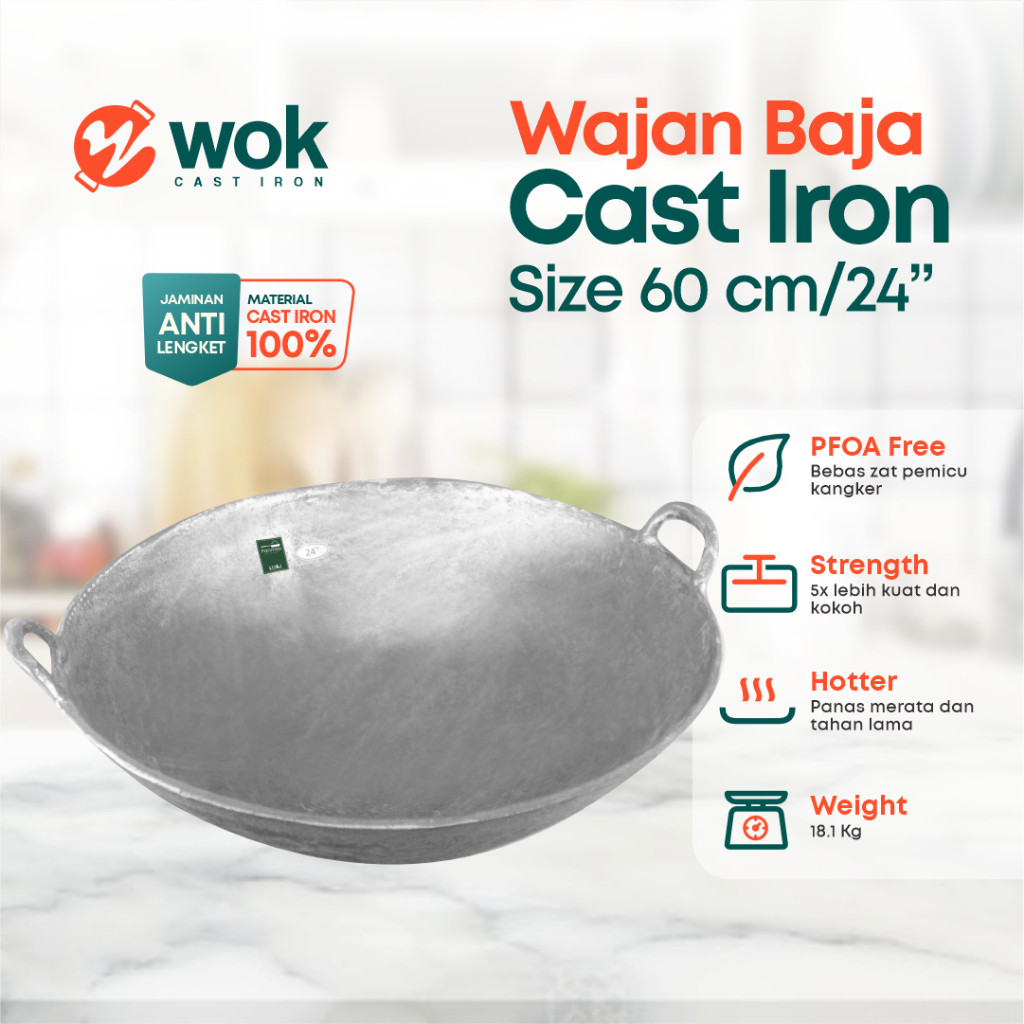 Wajan baja cor 24” (60cm) tebal anti lengket / kuali besi cor/ Wok cast iron / wajan penggorengan