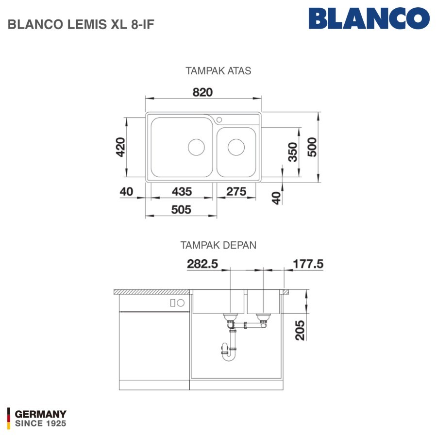 Kitchen Sink Bak Cuci Piring Stainless Steel 2 Lubang BLANCO LEMIS XL 8-IF - Wastafel Dapur Pemasang