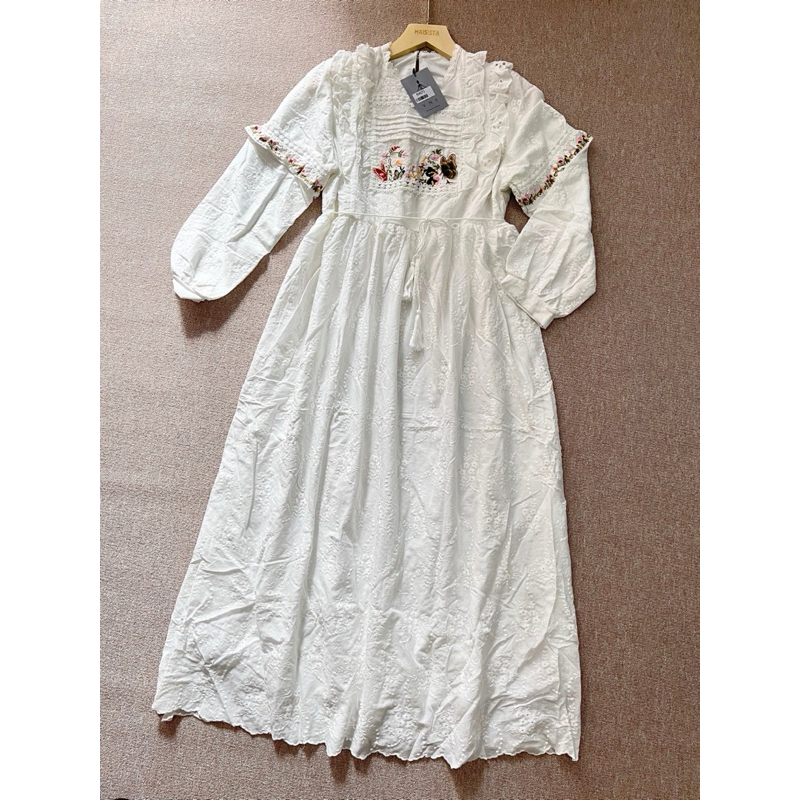 Haisista - Dress Wanita Katun Bordir full furing mix Renda free belt / Dress Putih Lebaran / Gamis