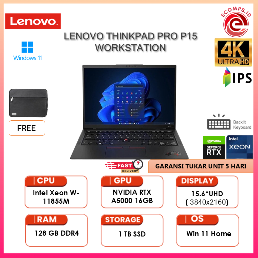 LENOVO THINKPAD PRO P15 WORKSTATION XEON W11855 RTX A5000 128GB 1TB 4K - A5000- 128/1TB, LAPTOP