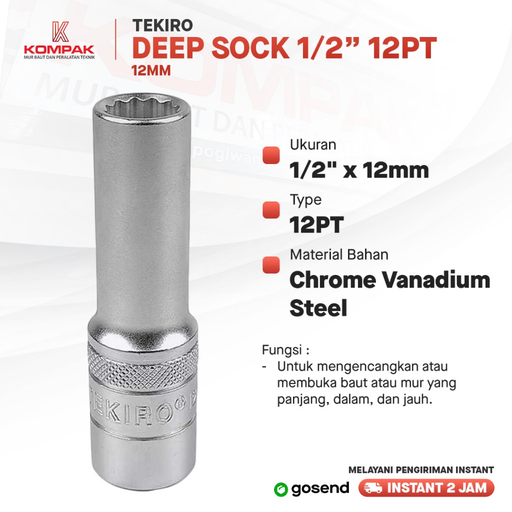 Mata Sok 12 mm Panjang TEKIRO Deep Wall Socket 12mm 1/2” 12 PT Mata Kunci Shock Sock Panjang Kunci S