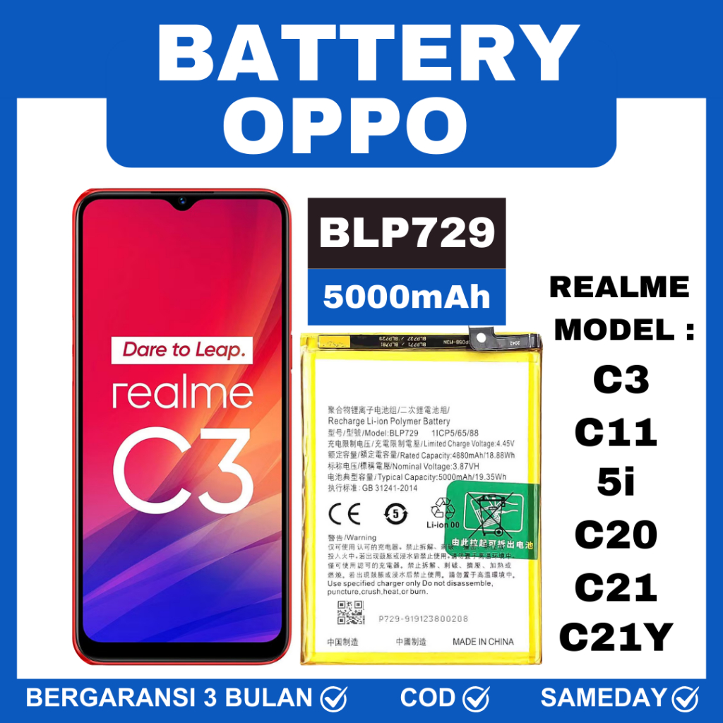BATTERY BATRE BATERAI REALME C3 BLP729  REALME C11 C20 C21 C21Y REALME 5i / BATERAI REALME C3 ORI