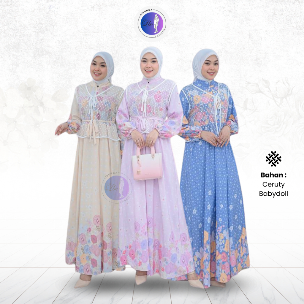 LIBUNCA - Gamis Rompi Tile Motif Bunga Bahan Ceruty Babydoll Dres Muslimah Kondangan Busui Frienly