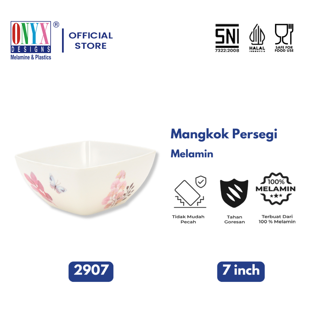 Onyx, Mangkok Makan Persegi 7 inch : Melamin, Aman untuk Makanan, Halal, 2907 Motif