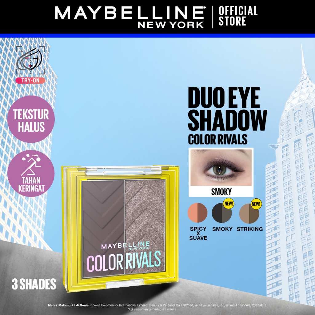 Maybelline Color Rivals Duo Shadow – Eyeshadow Waterproof Pigmented Glitter Tekstur Halus Tahan Seha