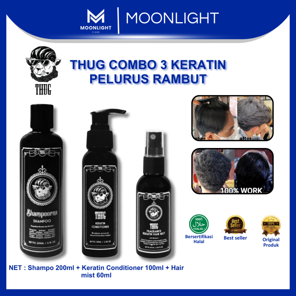 Thug Combo 3 Pelurus Rambut Permanen Pria Keratin Hair Mist Conditioner & Shampoorna shampo