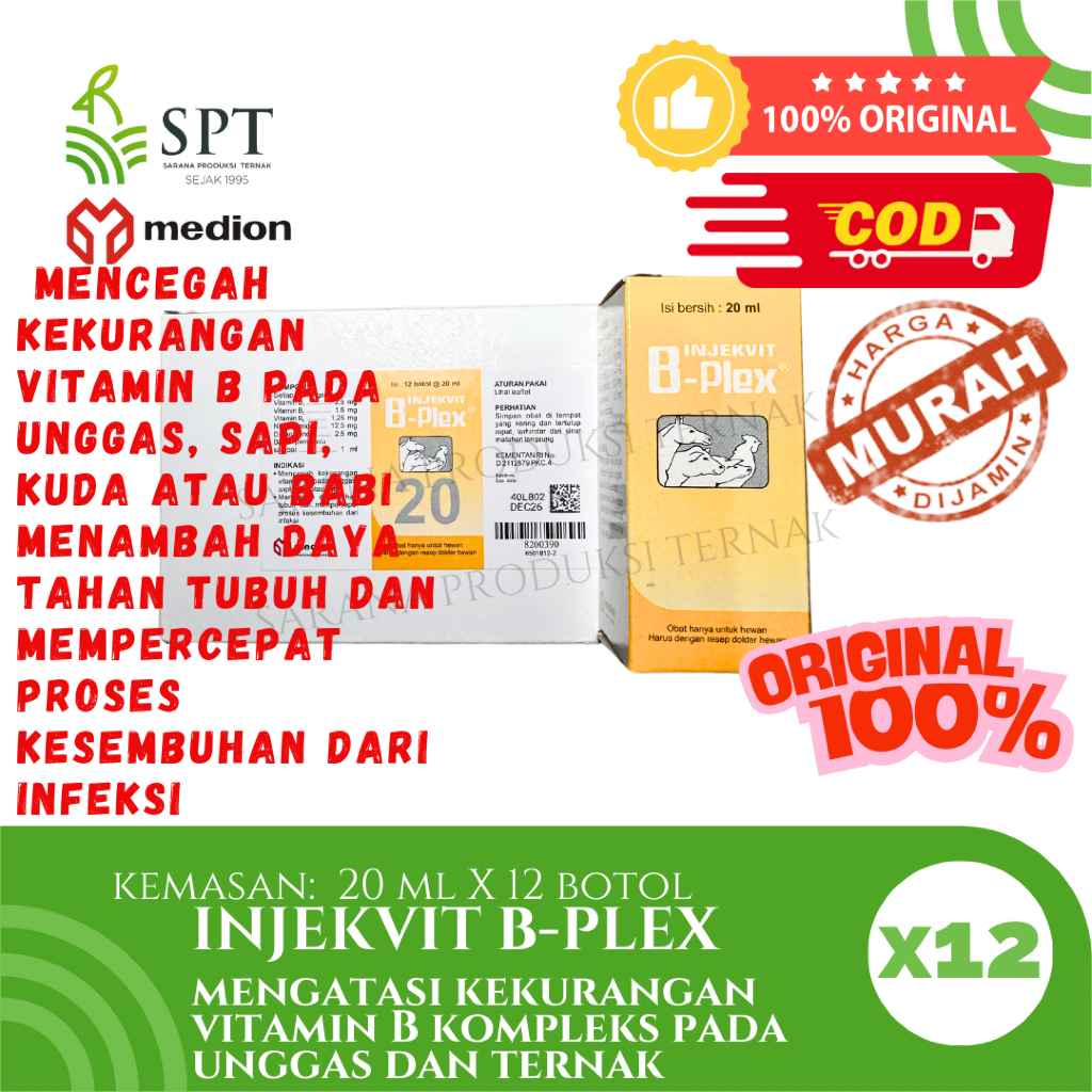 INJEKVIT B PLEX 12 BOTOL X 20 ML MEDION INJEKSI VITAMIN B KOMPLEKS  VITAMIN AYAM SAPI KAMBING KUDA